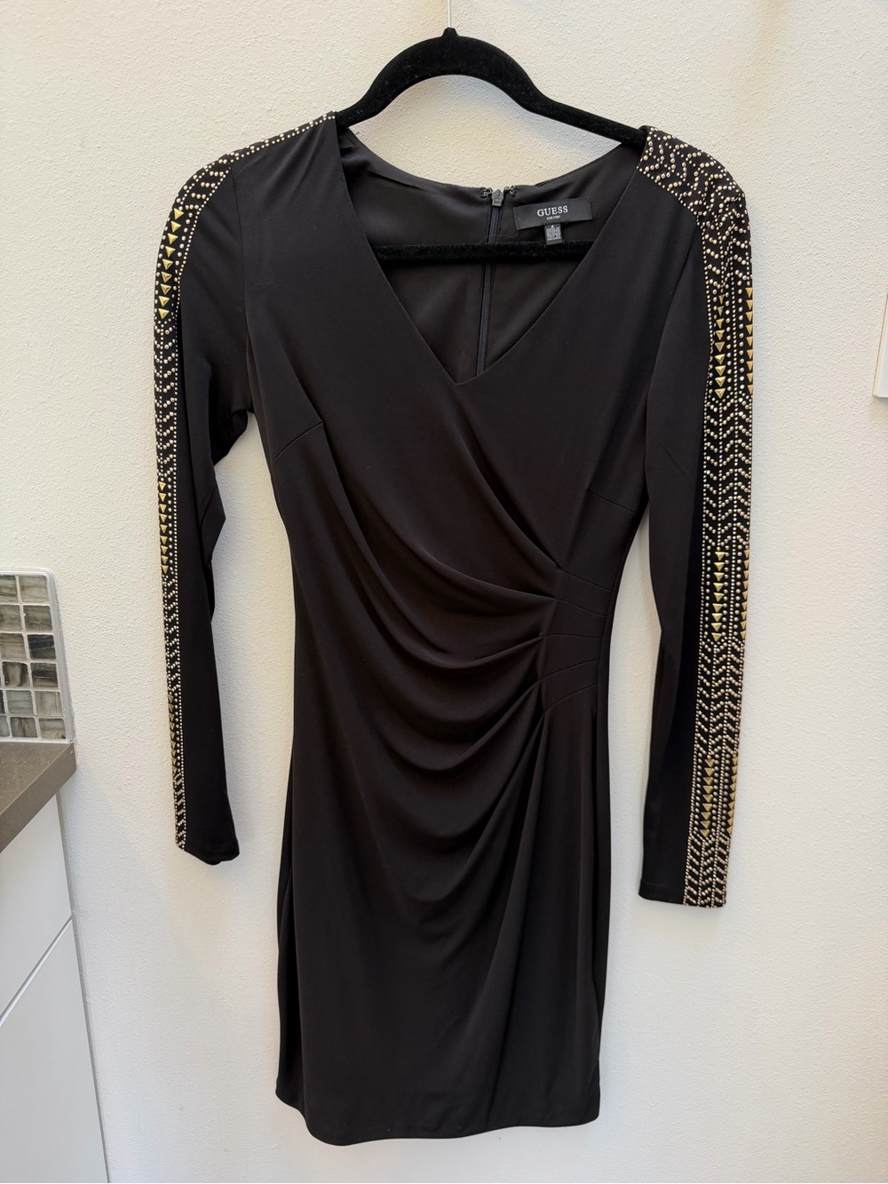 GUESS Black Long-Sleeve V-Neck Dress with Gold Stud Detailing